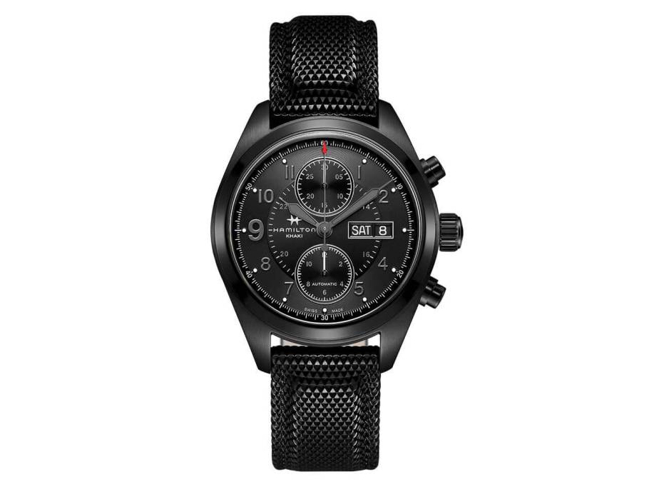 Khaki Field Auto Chrono Edelstahl 42mm schwarzes Zifferblatt schwarzes Kautschukband