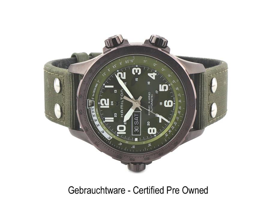 Khaki Aviation X-Wind Auto Edelstahl 45mm Camouflage-Zifferblatt grünes Textilband H77775960 Full Set Occasion