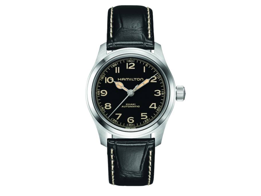 Khaki Field Murph Automatik Edelstahl 38mm schwarzes Zifferblatt schwarzes Lederband