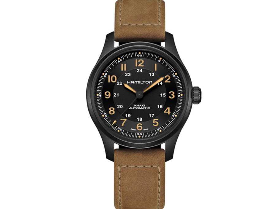 Khaki Field Titanium Auto Titan 42mm schwarzes Zifferblatt braunes Lederband