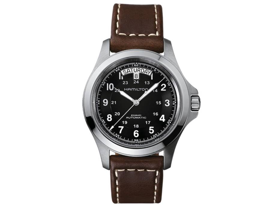 Khaki Field King Auto Edelstahl 40mm schwarzes Zifferblatt braunes Lederband