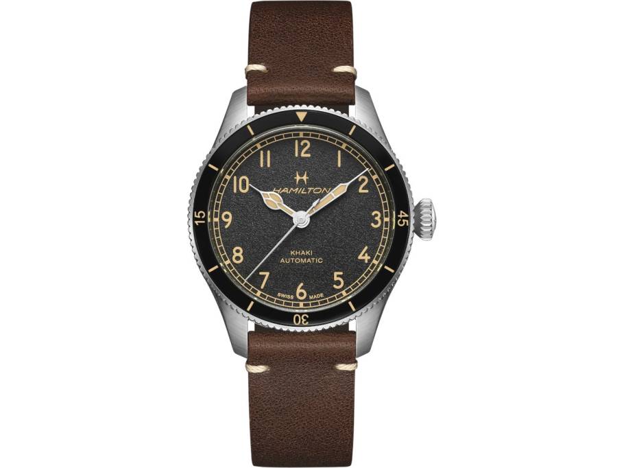 Khaki Aviation Pilot Pioneer Auto 38 Automatik Edelstahl schwarzes Zifferblatt braunes Lederband