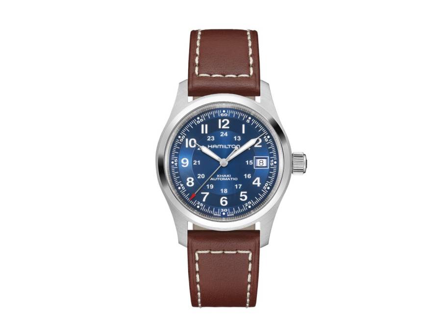 Khaki Field Automatik Edelstahl 38mm blaues Zifferblatt braunes Lederband