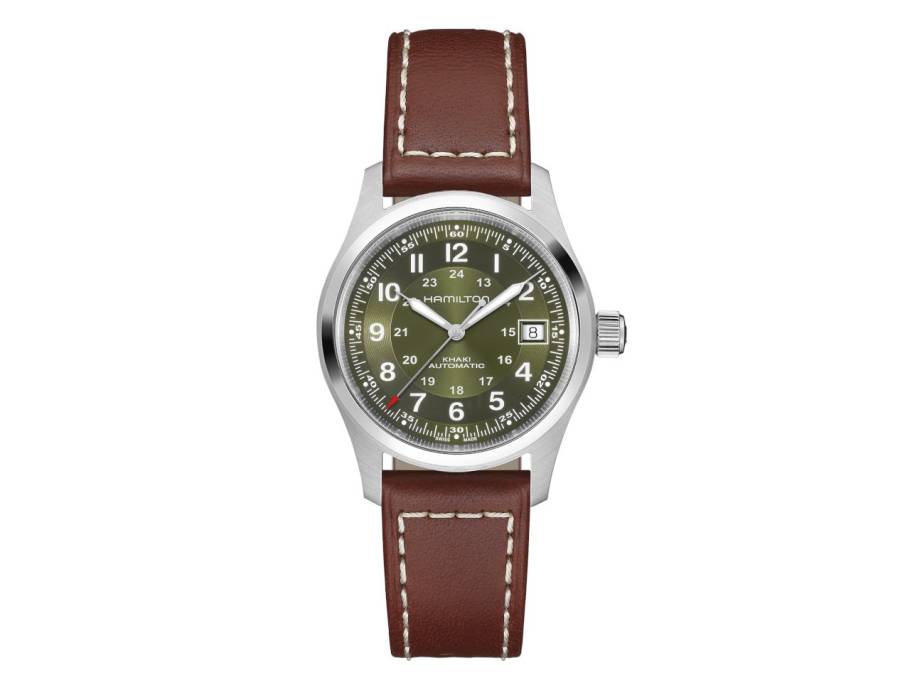 Khaki Field Automatik Edelstahl 38mm grünes Zifferblatt braunes Lederband