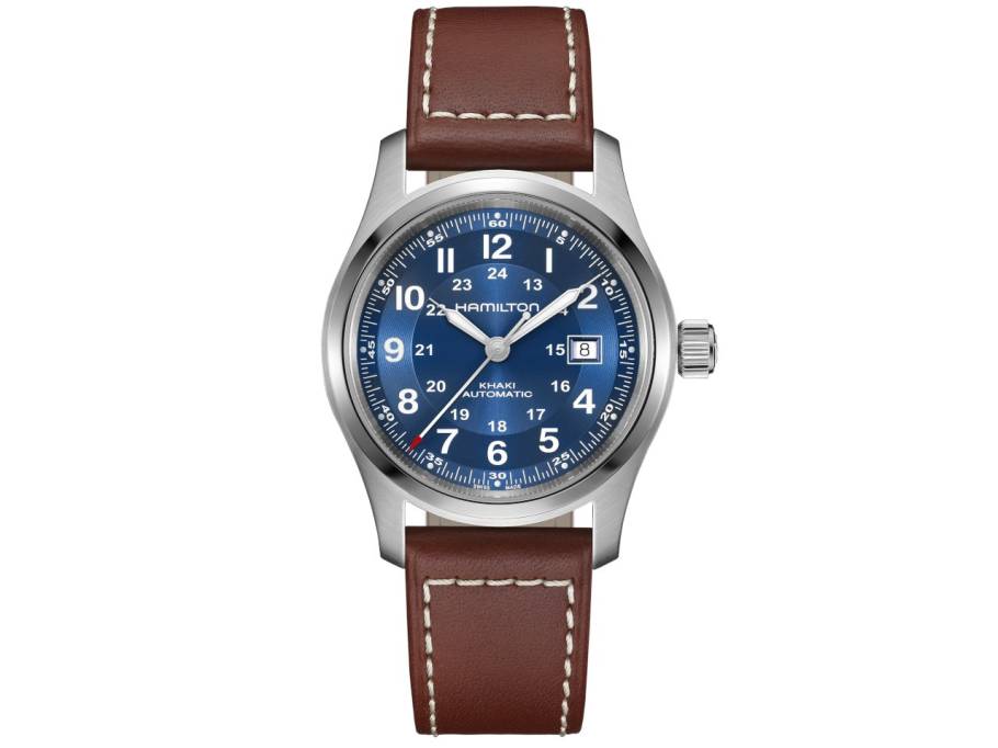 Khaki Field Automatik Edelstahl 42mm blaues Zifferblatt braunes Lederband