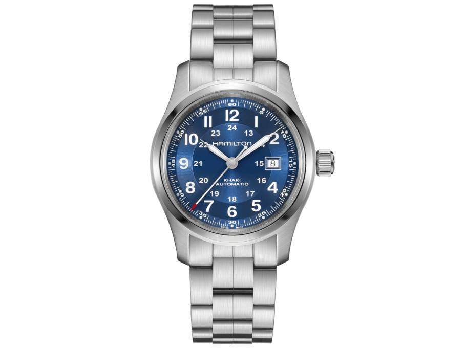 Khaki Field Automatik Edelstahl 42mm blaues Zifferblatt Metallband