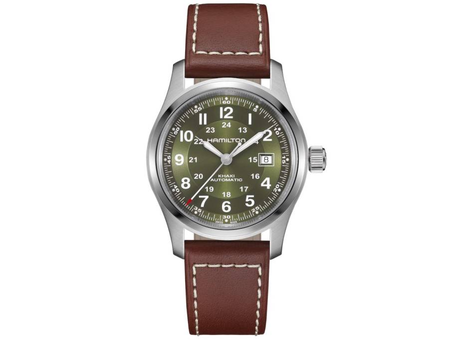 Khaki Field Automatik Edelstahl 42mm grünes Zifferblatt braunes Lederband
