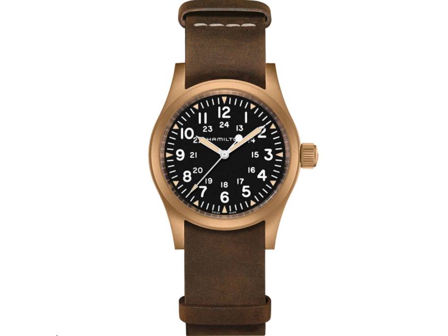 Khaki Field Mechanical Handaufzug Bronze 38mm schwarzes Zifferblatt braunes Lederband