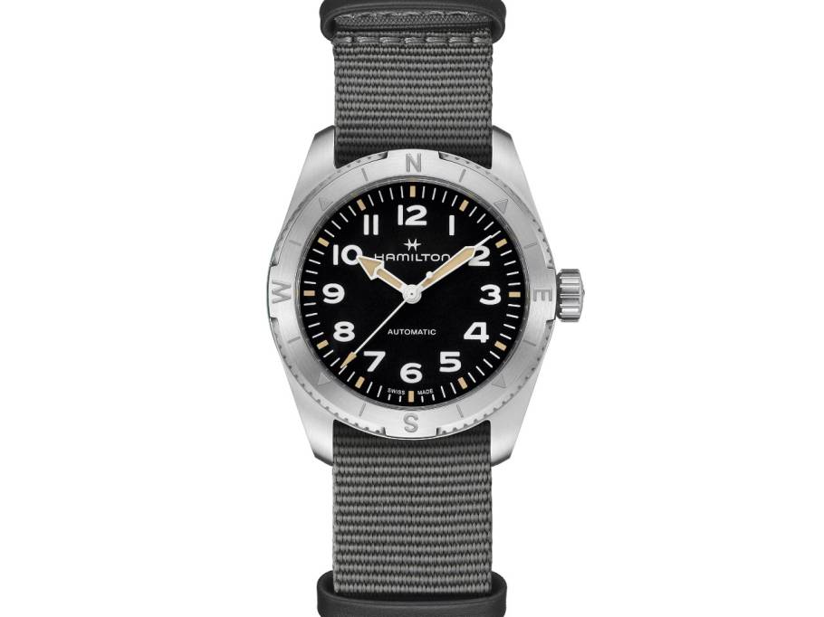 Khaki Field Expedition Automatik Edelstahl 37mm schwarzes Zifferblatt graues Textilband
