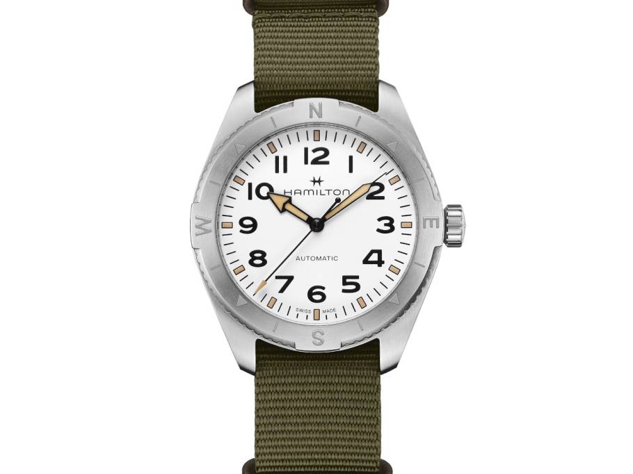 Khaki Field Expedition Automatik Edelstahl 41mm weißes Zifferblatt olivgrünes Textilband