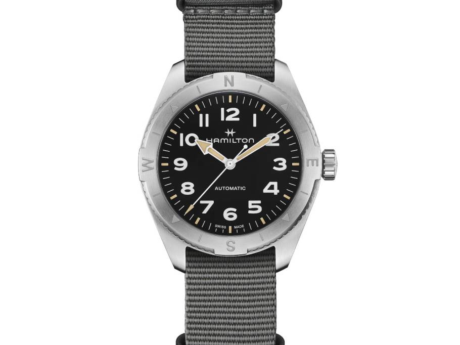 Khaki Field Expedition Automatik Edelstahl 41mm schwarzes Zifferblatt graues Textilband