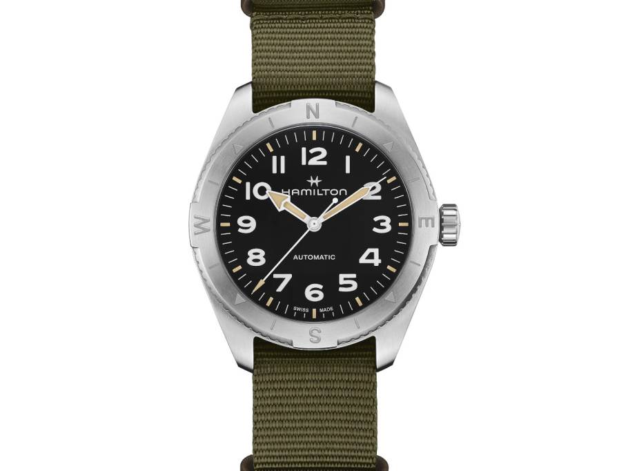 Khaki Field Expedition Automatik Edelstahl 41mm schwarzes Zifferblatt olivgrünes Textilband