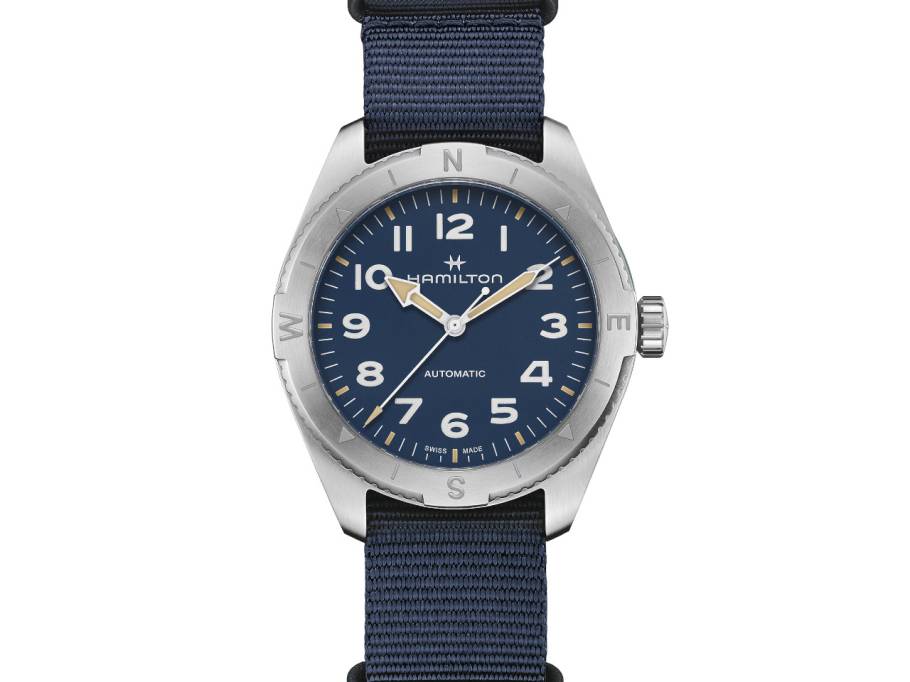 Khaki Field Expedition Automatik Edelstahl 41mm blaues Zifferblatt blaues Textilband