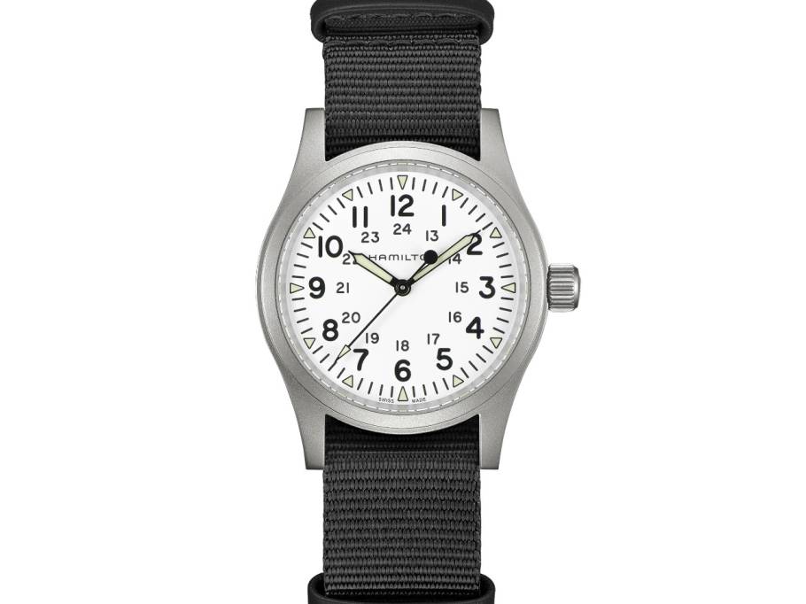 Khaki Field Mechanical Handaufzug Edelstahl 38mm weißes Zifferblatt schwarzes Textilband 