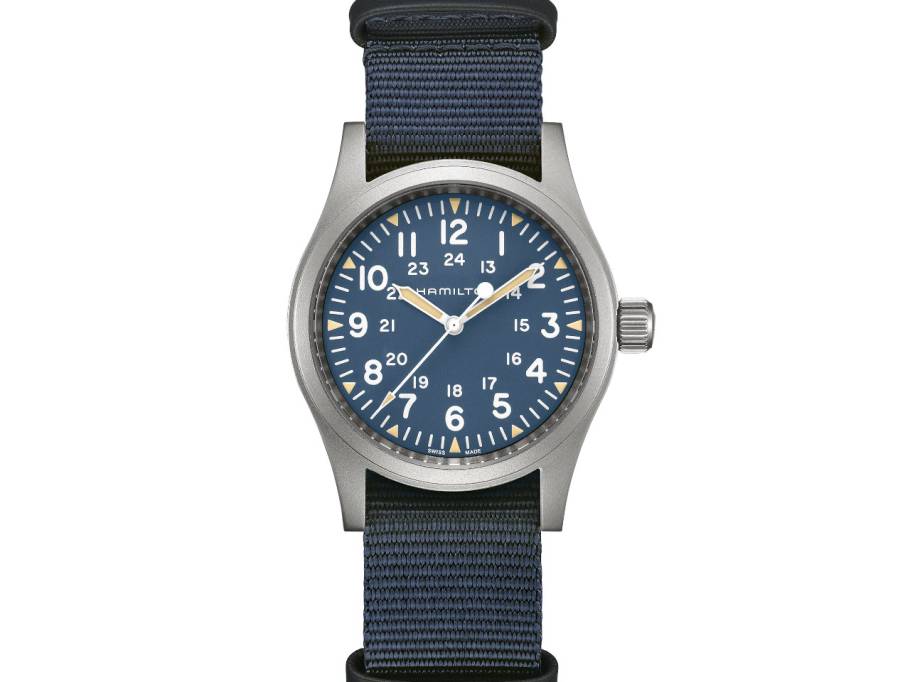 Khaki Field Mechanical Handaufzug Edelstahl 38mm blaues Zifferblatt blaues Textilband 