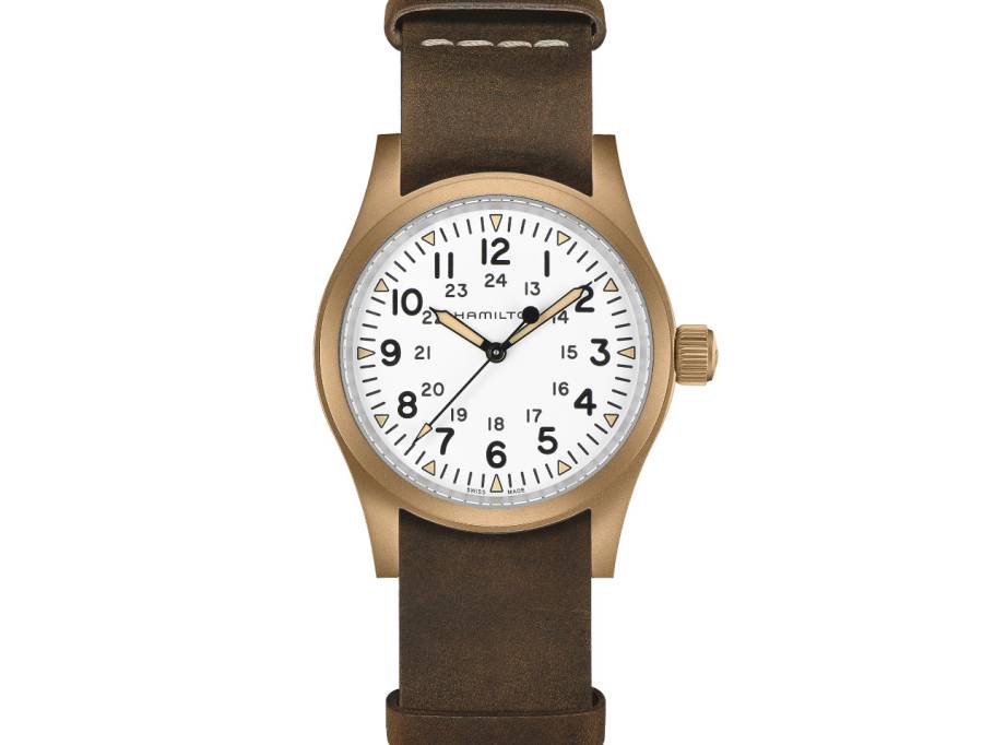 Khaki Field Mechanical Handaufzug Bronze 38mm weißes Zifferblatt braunes Lederband