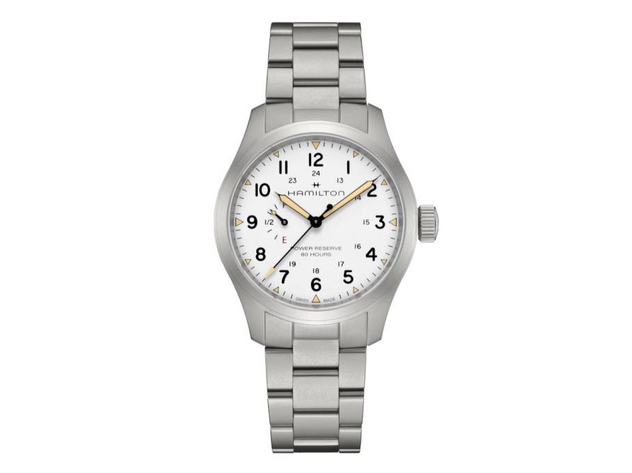 Khaki Field Mechanical Power Reserve Handaufzug Edelstahl 40mm weißes Zifferblatt Metallband