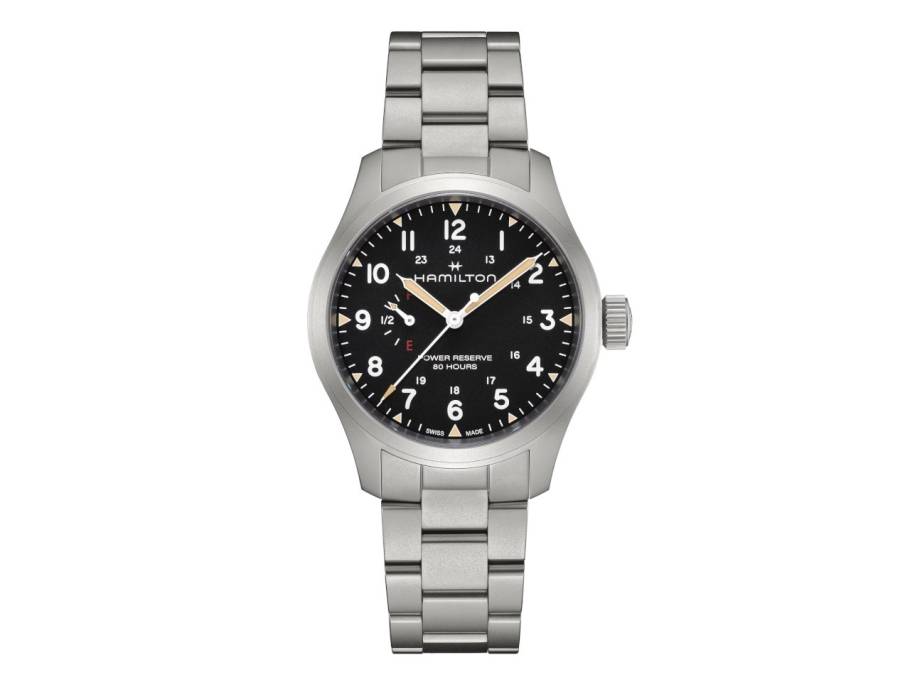 Khaki Field Mechanical Power Reserve Handaufzug Edelstahl 40mm schwarzes Zifferblatt Metallband