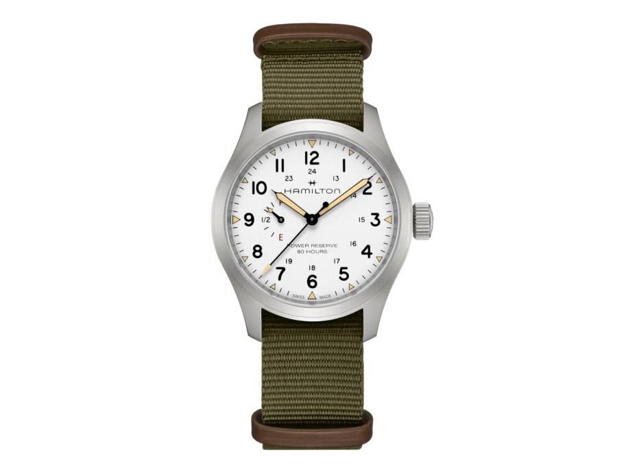 Khaki Field Mechanical Power Reserve Handaufzug Edelstahl 40mm weißes Zifferblatt grünes Textilband