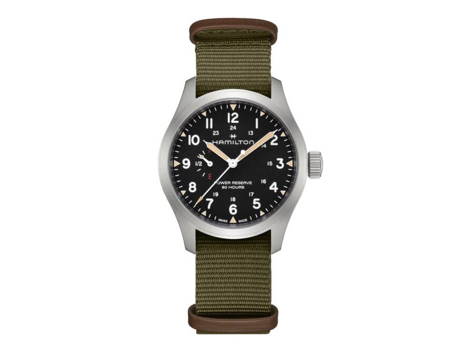 Khaki Field Mechanical Power Reserve Handaufzug Edelstahl 40mm schwarzes Zifferblatt grünes Textilband