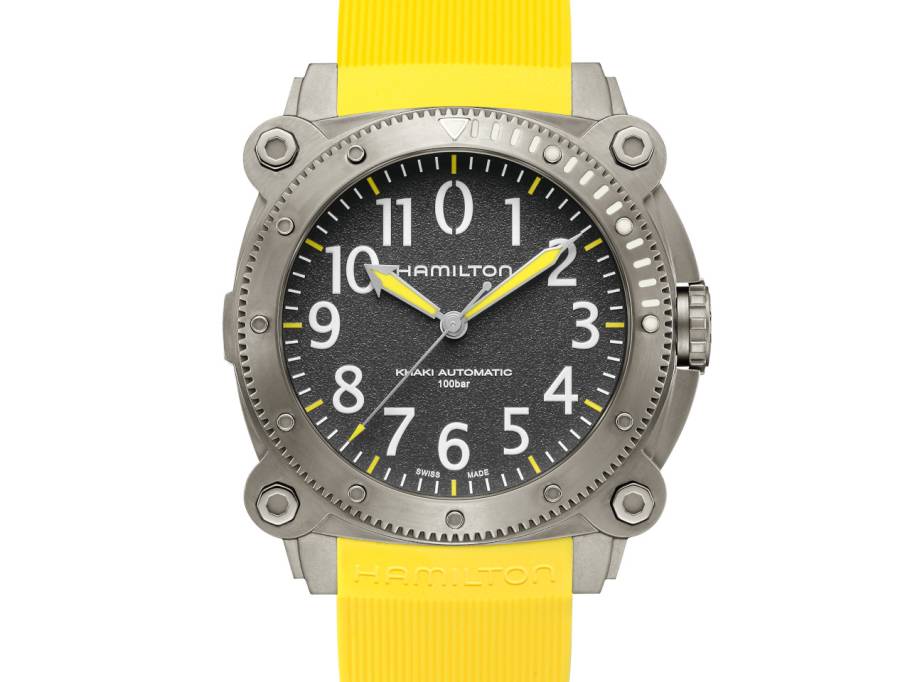 Khaki Navy BeLOWZERO Auto Titanium 46mm schwarzes Zifferblatt gelbes Kautschukband