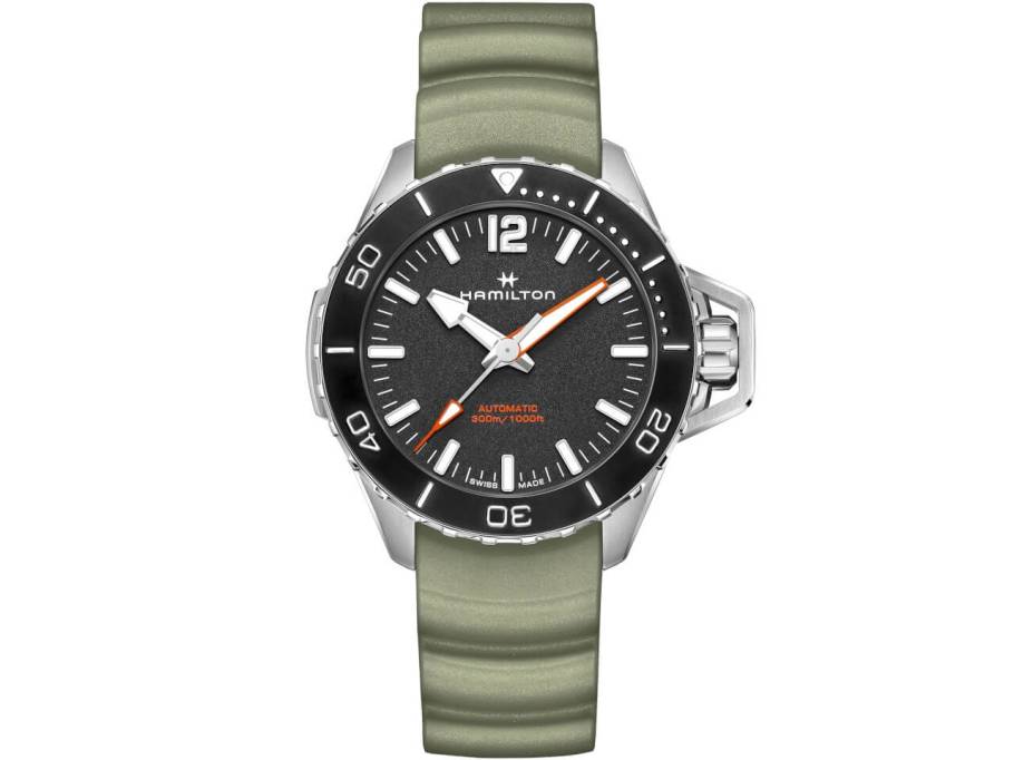 Khaki Navy Frogman Automatik grünes gewelltes Kautschukband schwarz