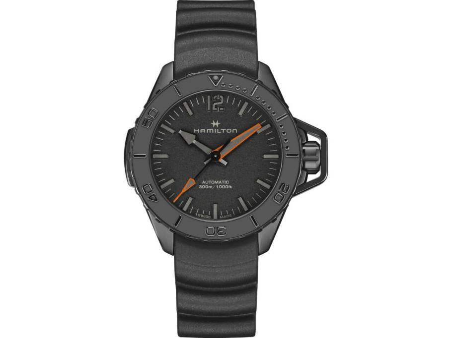 Khaki Navy Frogman Automatik schwarz beschichtetes Gehäuse schwarzes gewelltes Kautschukband