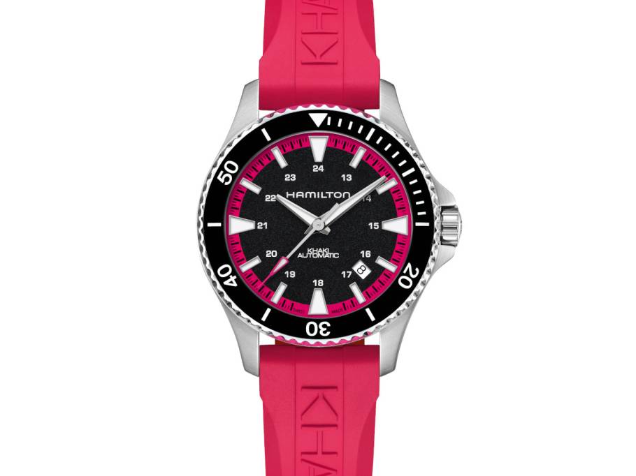 Khaki Navy Scuba Auto Edelstahl 40mm schwarzes Zifferblatt pinkes Kautschukband