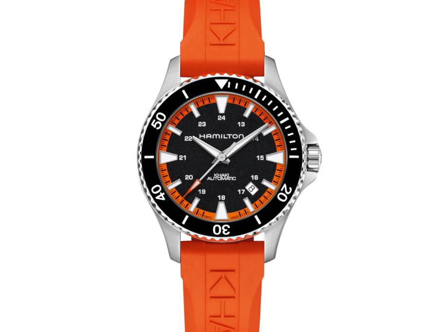 Khaki Navy Scuba Auto Edelstahl 40mm schwarzes Zifferblatt orangefarbenes Kautschukband