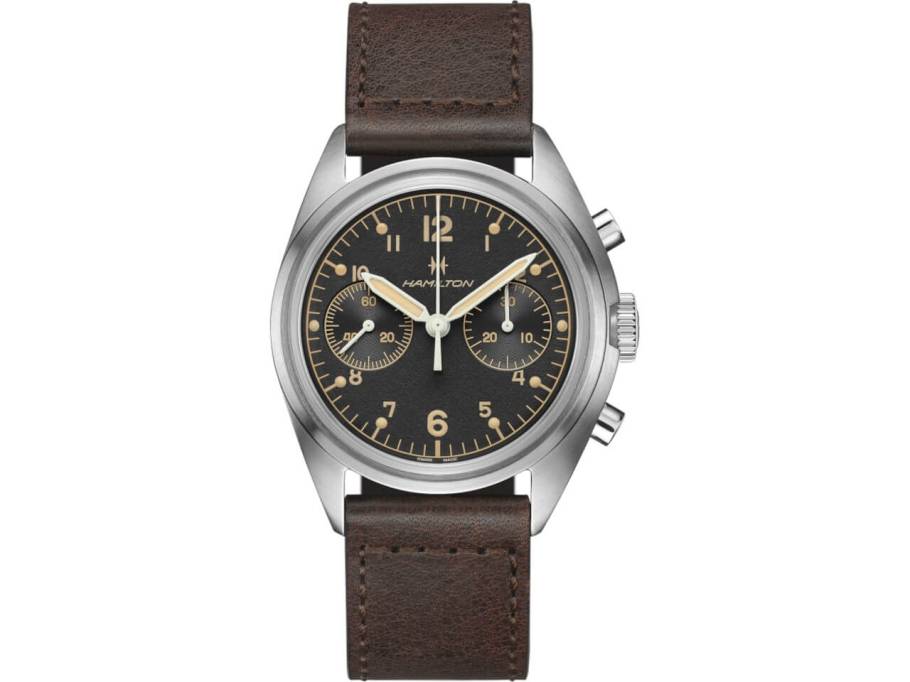 Khaki Aviation Pilot Pioneer Chronograph Handaufzug schwarzes Zifferblatt braunes Lederband