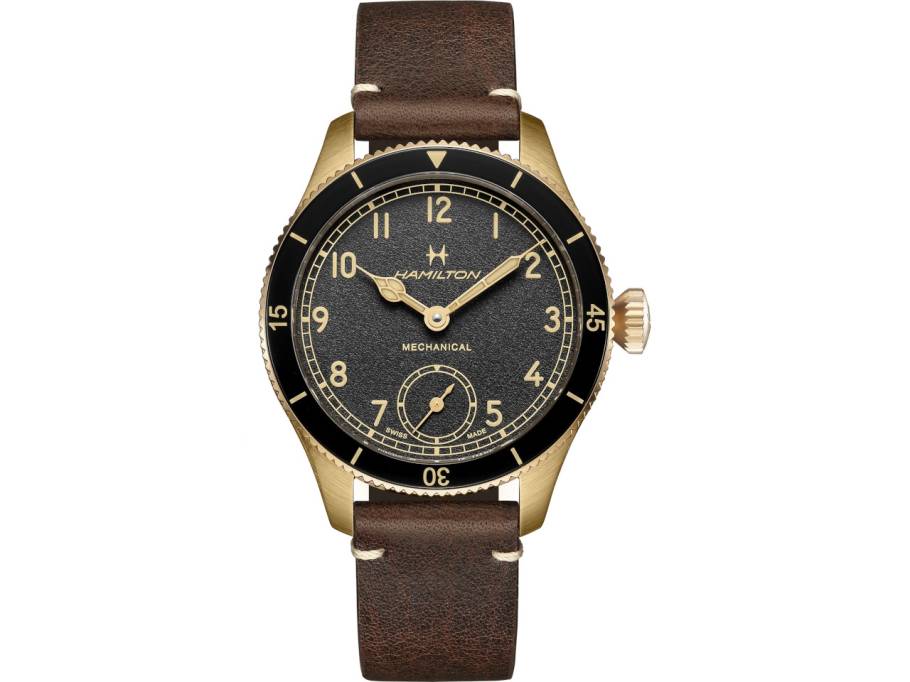Khaki Aviation Pilot Pioneer Mechanical 43 Handaufzug Bronze schwarzes Zifferblatt braunes Lederband 
