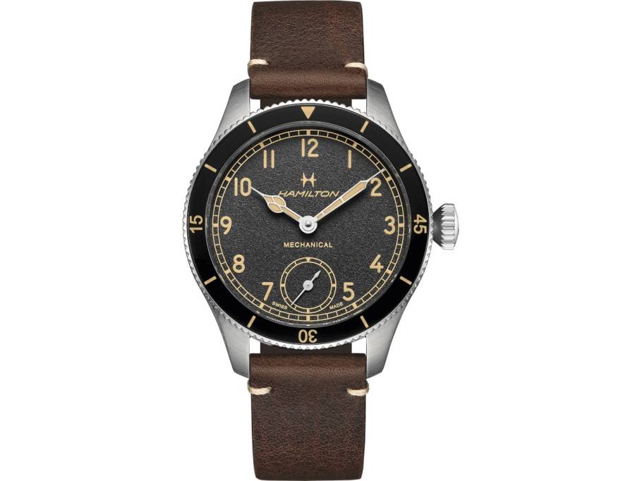 Khaki Aviation Pilot Pioneer Mechanical 43 Handaufzug schwarzes Zifferblatt braunes Lederband 