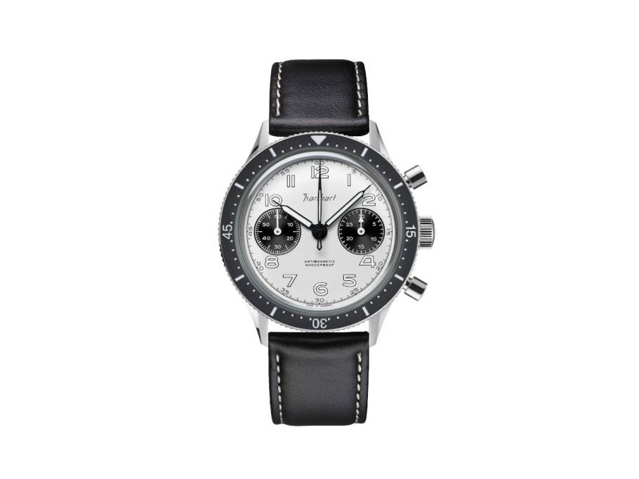 415 ES Panda Chronograph Handaufzug Edelstahl 39mm weißes Zifferblatt schwarzes Lederband