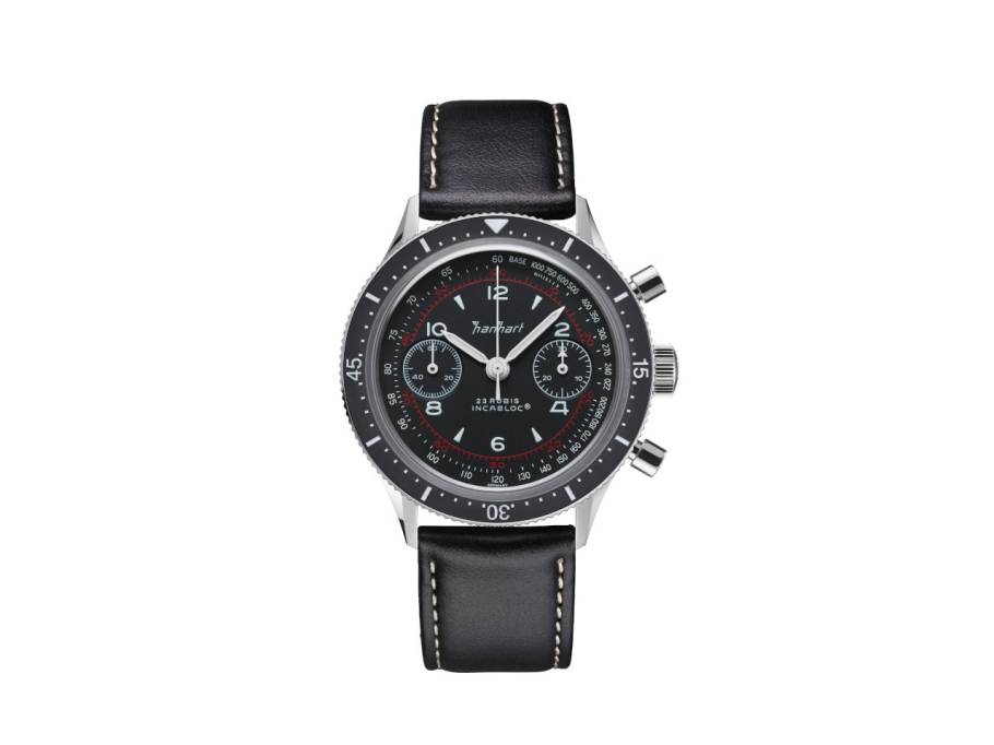 415 ES Pure Chronograph Handaufzug Edelstahl 39mm schwarzes Zifferblatt schwarzes Lederband