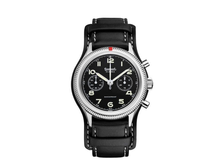 417 ES Chronograph Handaufzug Edelstahl 42mm schwarzes Zifferblatt schwarzes Lederband
