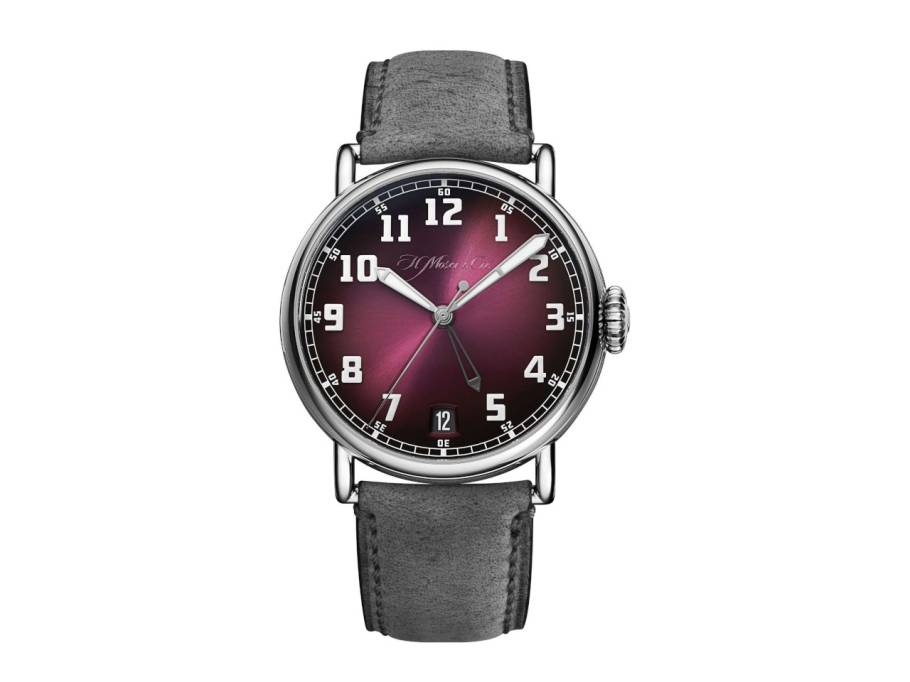 Heritage Dual Time Burgundy Fumé Automatik Edelstahl 42mm rotes Zifferblatt graues Lederband