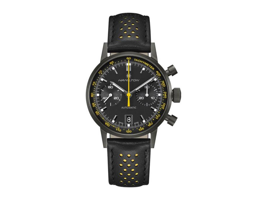 Intra-Matic Auto Chrono Edelstahl PVD-Schwarz 40mm schwarz-gelbes Zifferblatt schwarzes Lederband