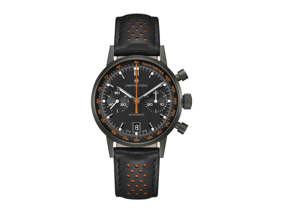 Intra-Matic Auto Chrono Edelstahl PVD-Schwarz 40mm schwarz-oranges Zifferblatt schwarzes Lederband
