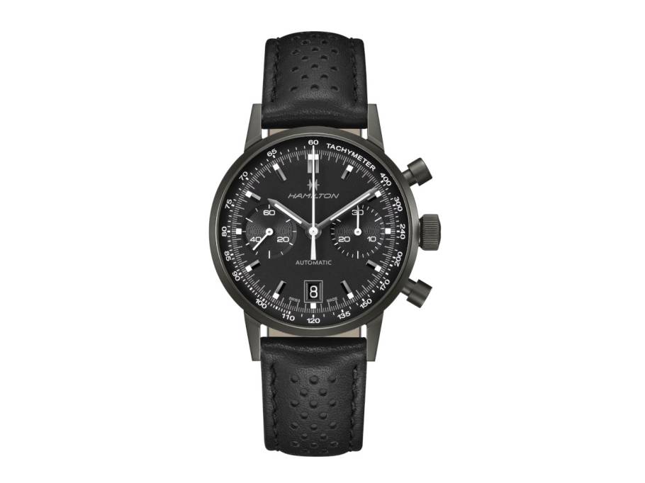 Intra-Matic Auto Chrono Edelstahl PVD-Schwarz 40mm schwarz-weißes Zifferblatt schwarzes Lederband