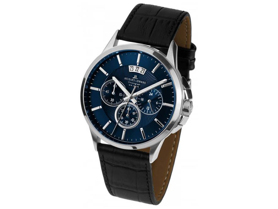 Quarz Sydney   Chrono Edelstahl blau Lederband