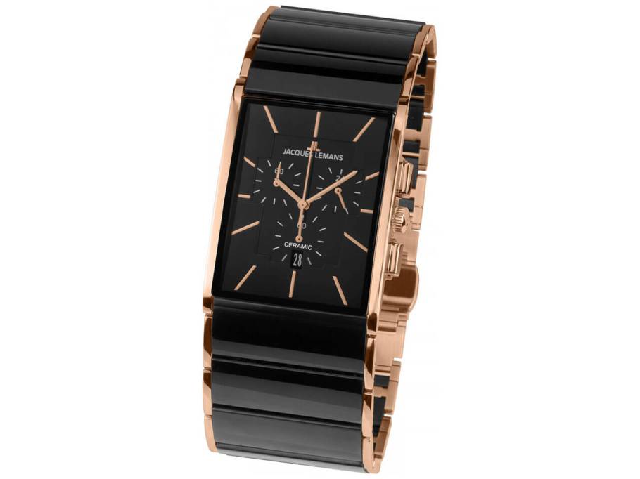 Quarz Dublin  rechteckig Chronograph Keramik schwarz  IP rosé Edelstahl schwarz Edelstahlband