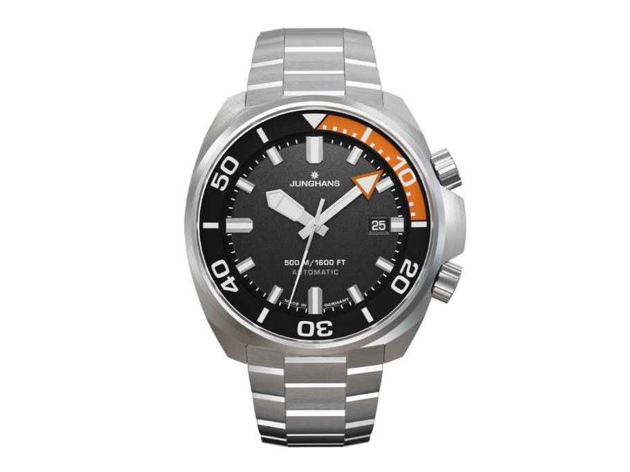 Aquaris Diver Automatik Edelstahl 47mm schwarzes Zifferblatt Metallband und orangefarbenes Kautschukband
