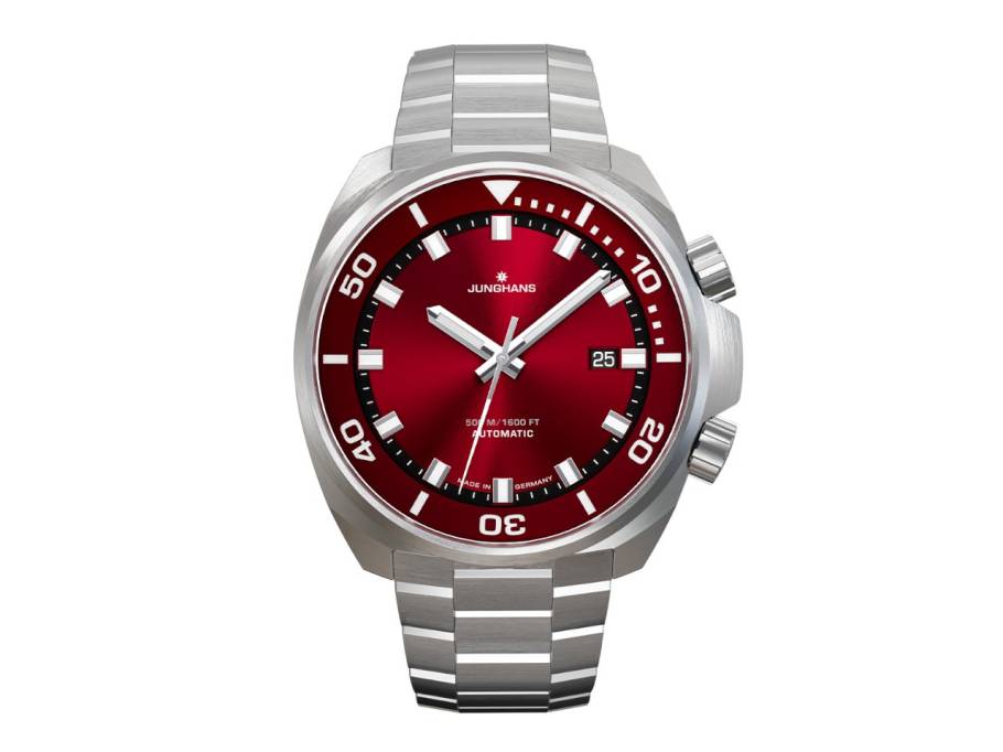 Aquaris Red Automatik Edelstahl 47mm rotes Zifferblatt Metallband und schwarzes Kautschukband