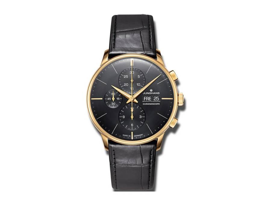 Meister Chronoscope Automatik Gelbgold 40mm schwarzes Zifferblatt schwarzes Lederband