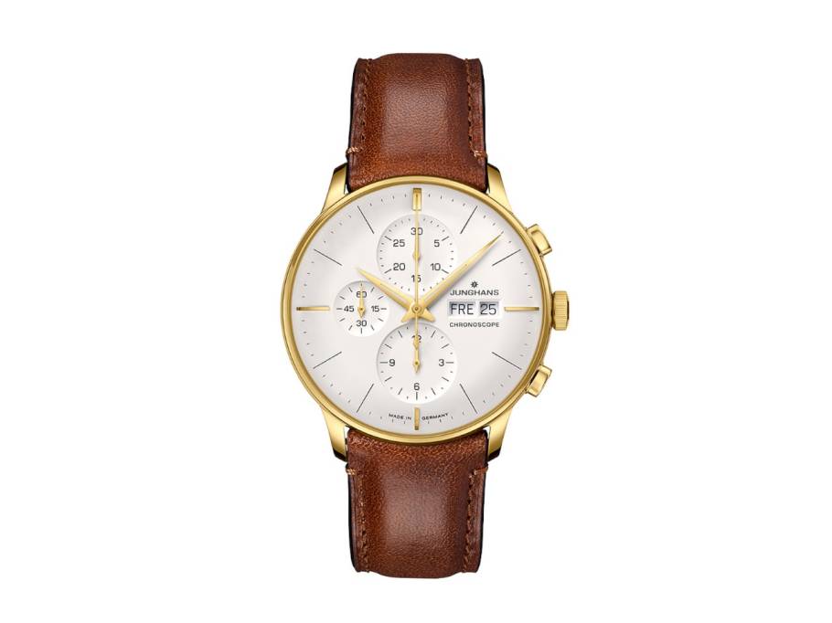 Meister Chronoscope Automatik Edelstahl Gelbgold-PVD 40mm weißes Zifferblatt braunes Lederband