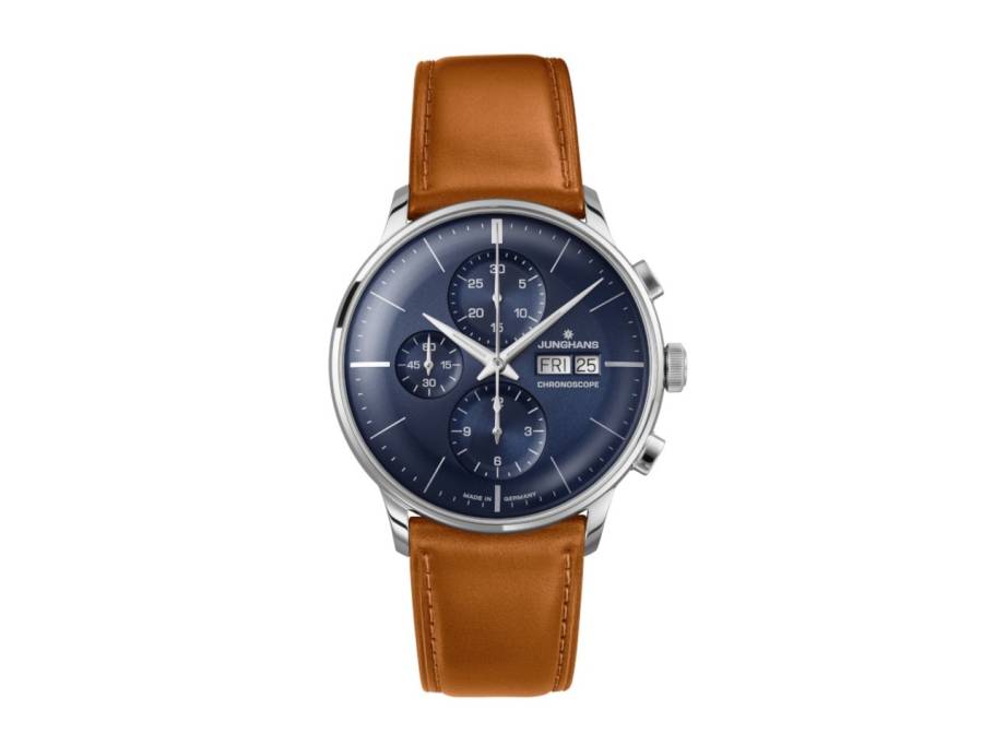 Meister Chronoscope Automatik Edelstahl 40mm blaues Zifferblatt braunes Lederband