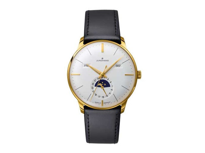 Meister Automatik Herrenuhr Kalender Edelstahl PVD gelb Zifferblatt versilbert Lederband schwarz