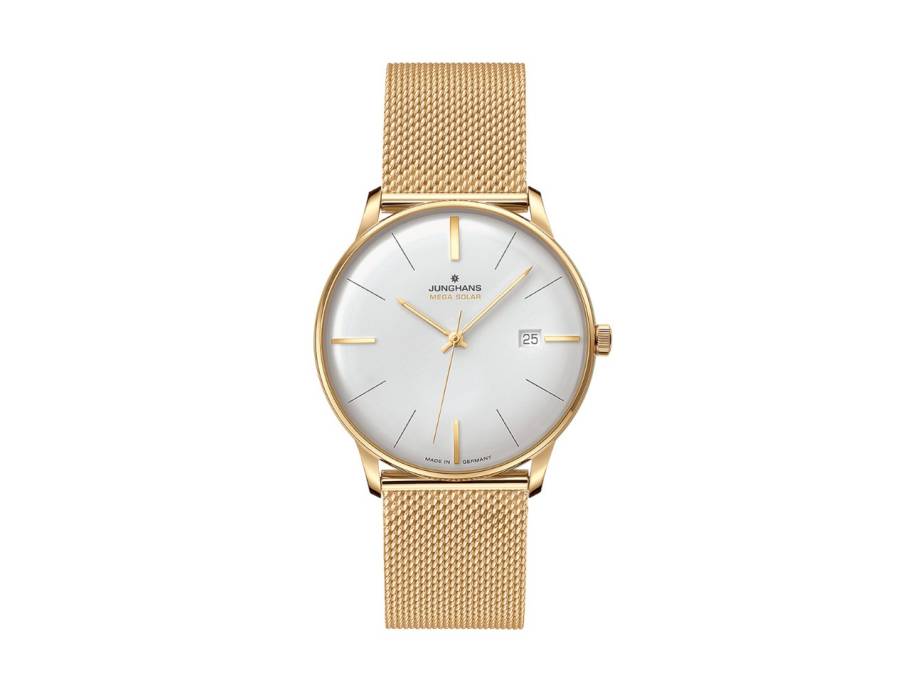 Meister Mega Solar Edelstahl Gelbgold-PVD 38mm weißes Zifferblatt Metallband