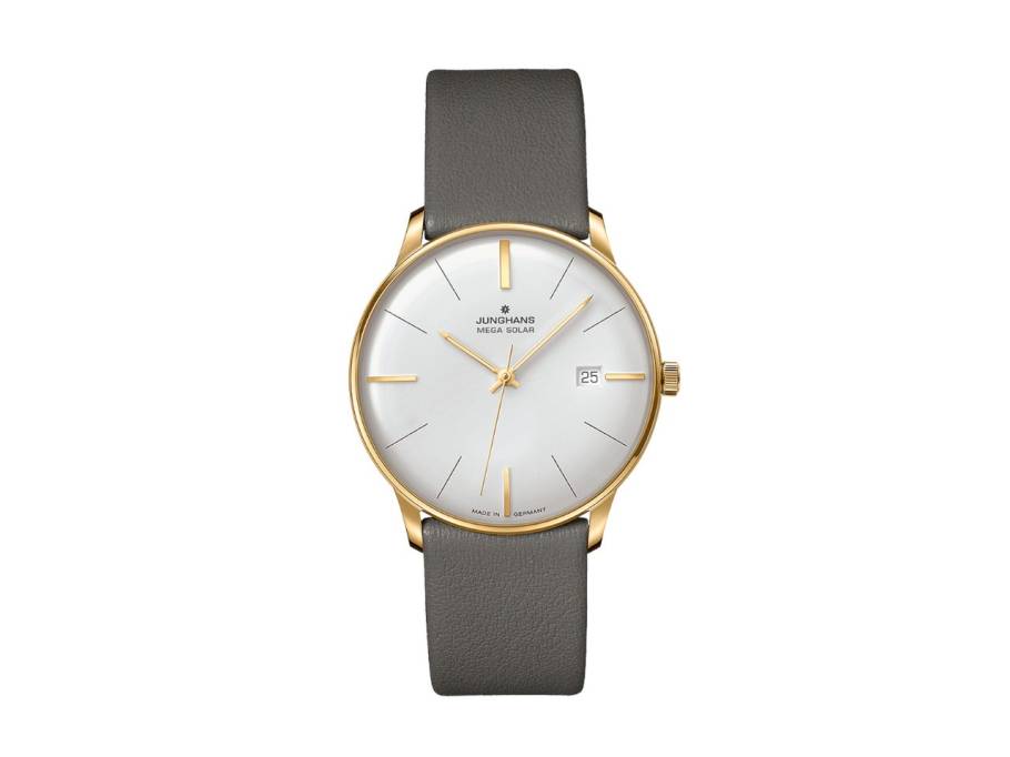 Meister Mega Solar Edelstahl Gelbgold-PVD 38mm weißes Zifferblatt graues Lederband