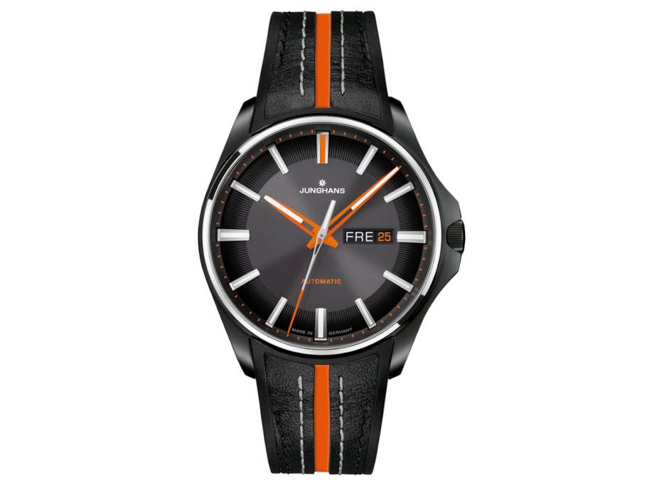 Meister S Automatik Edelstahl Schwarz-PVD 44mm graues Zifferblatt schwarzes Kautschukband